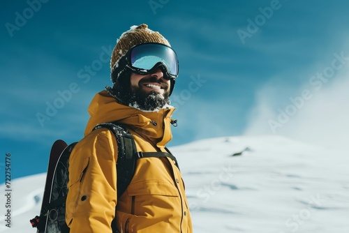 Confident male model in winter sports gear, snowboarding on a snowy slope