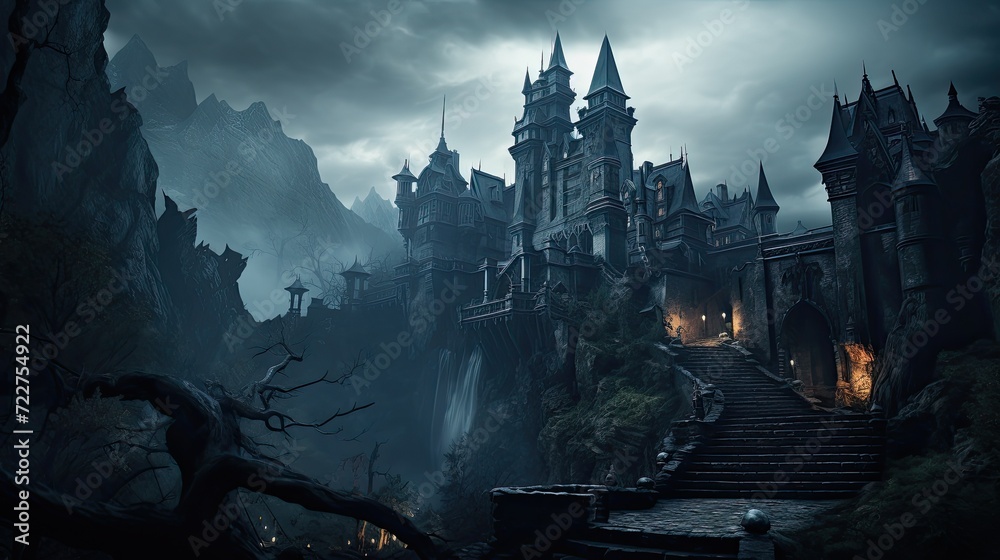 Fototapeta premium Illustration of Dracula's castle among the mountains, featuring gothic-style architecture and a spooky, mysterious atmosphere.
