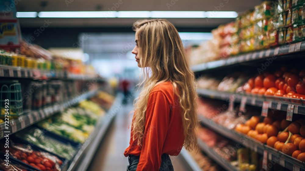 A young woman in the supermarket is shopping at a supermarket with a variety of products. Ai generate.