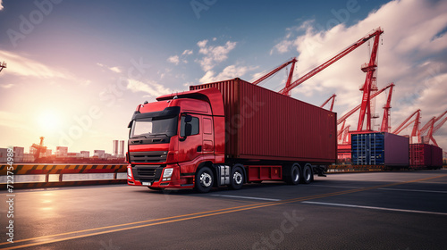 Container trucks leaving the shipping port. Ai generate.