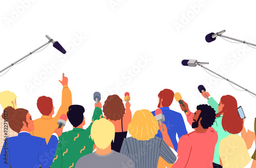 Group of journalist holding microphone participating in conference