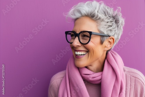 Smiling senior woman in eyeglasses and scarf on purple background