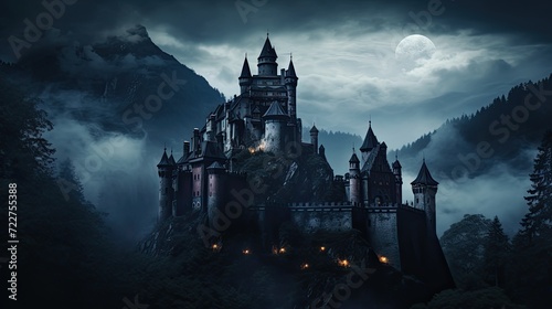 Illustration of Dracula's castle among the mountains, featuring gothic-style architecture and a spooky, mysterious atmosphere.