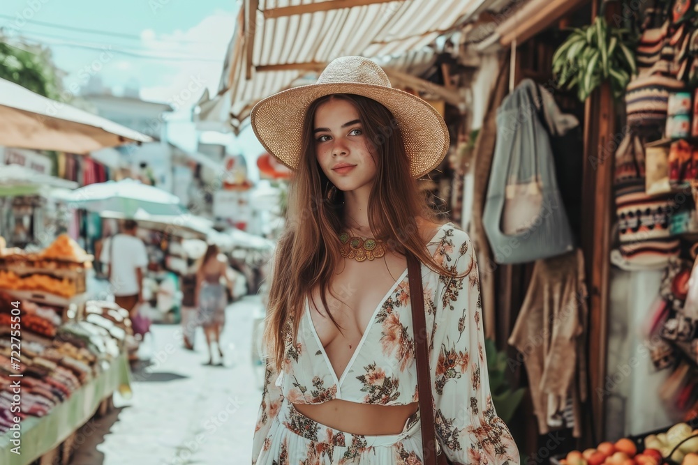 Female model in a bohemian outfit, exploring a vibrant street market