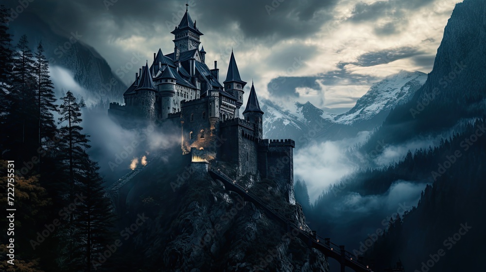 Illustration of Dracula's castle among the mountains, featuring gothic-style architecture and a spooky, mysterious atmosphere.