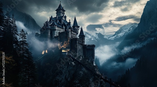 Illustration of Dracula's castle among the mountains, featuring gothic-style architecture and a spooky, mysterious atmosphere. photo