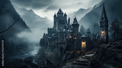 Illustration of Dracula's castle among the mountains, featuring gothic-style architecture and a spooky, mysterious atmosphere.