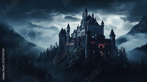 Illustration of Dracula's castle among the mountains, featuring gothic-style architecture and a spooky, mysterious atmosphere.
