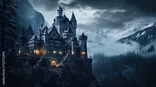 Illustration of Dracula's castle among the mountains, featuring gothic-style architecture and a spooky, mysterious atmosphere.