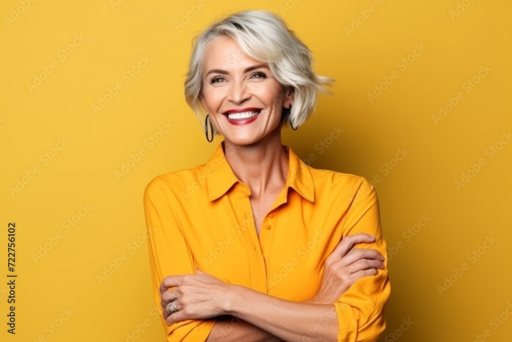 Portrait of a happy mature woman in yellow shirt over yellow background Portrait of a happy mature woman in yellow shirt over yellow background