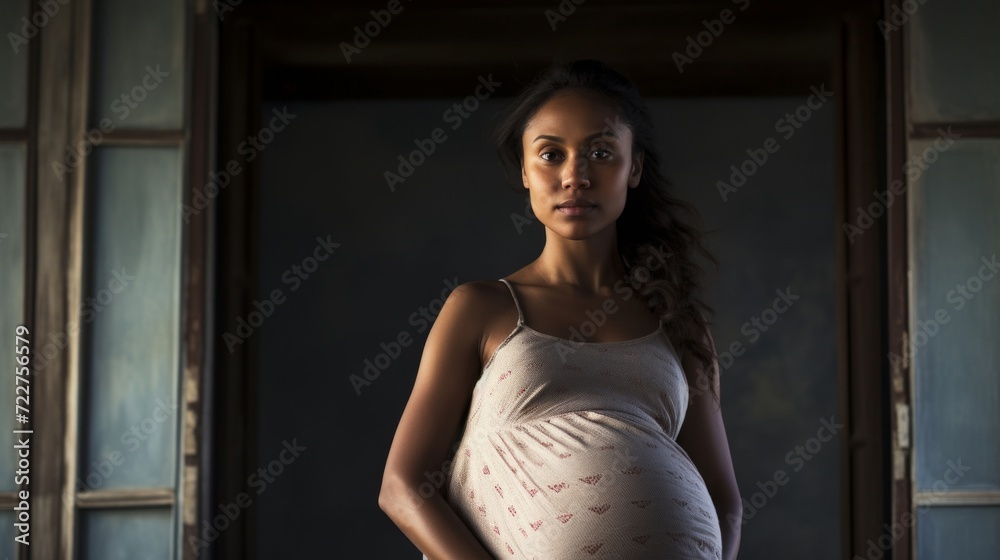 Fototapeta premium A contemplative pregnant woman stands by a window with soft lighting, reflecting on motherhood and the future.