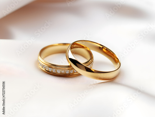 Gold wedding rings rest on a silk-covered table, symbolizing love and marriage in a celebration of romance and commitment,Generative Ai