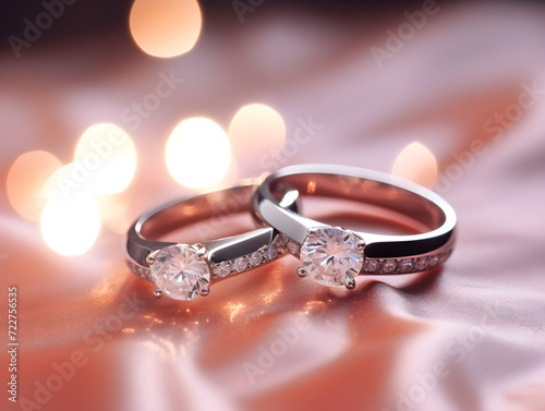 Gold wedding rings rest on a silk-covered table, symbolizing love and marriage in a celebration of romance and commitment,Generative Ai