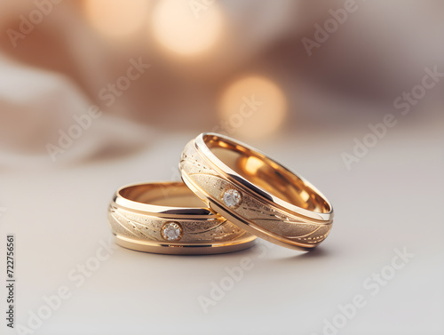 Gold wedding rings rest on a silk-covered table, symbolizing love and marriage in a celebration of romance and commitment,Generative Ai