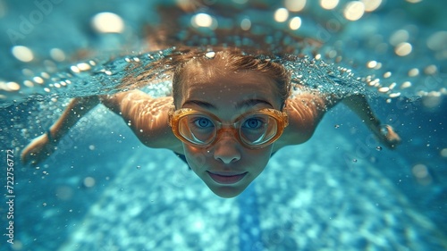 A girl who competes in swimming is plunging into a pool.