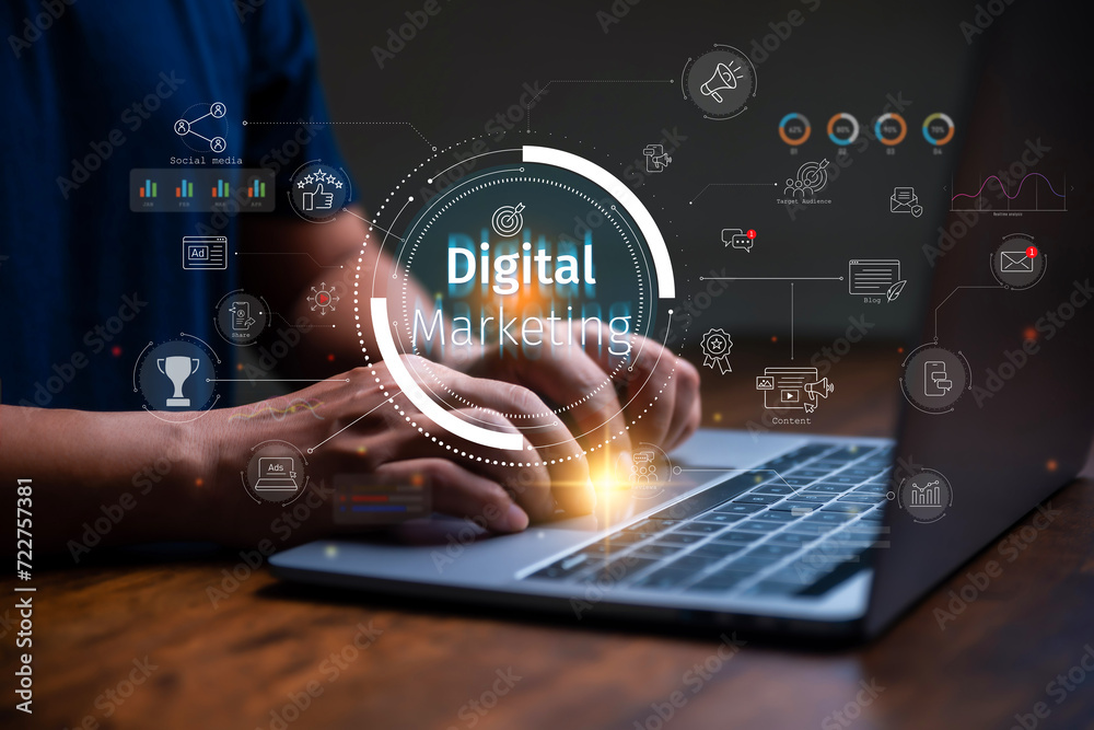 Digital marketing concept, businessman using laptop with Digital marketing on virtual screen display, online marketing, social, online. - obrazy, fototapety, plakaty 