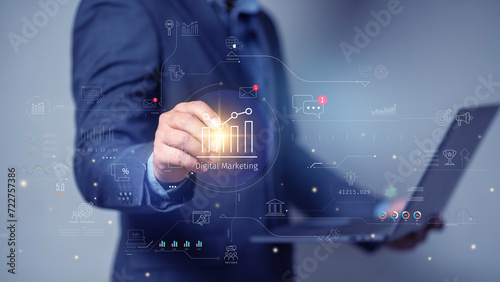 Digital marketing concept, businessman using laptop with Digital marketing on virtual screen display, online marketing, social, online.