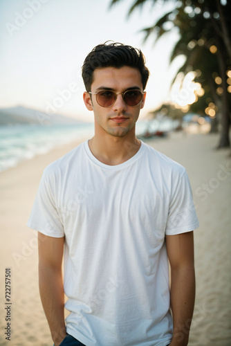 White t-shirt Mockup. Man wearing white basic tee on the beach Background. AI generated art.