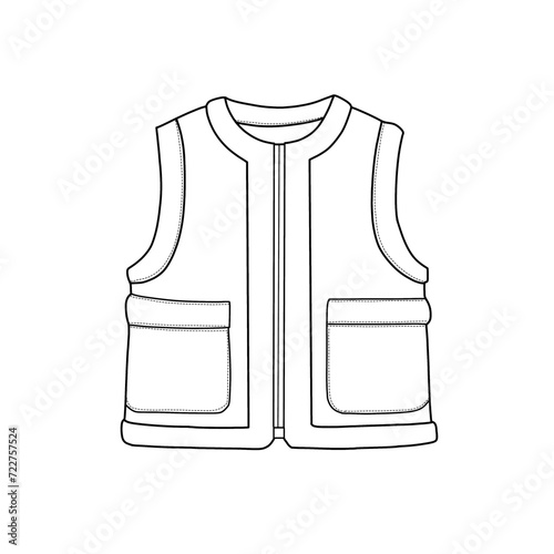 Round neckline vest sleeveless jacket. Vector technical sketch. Mockup template.