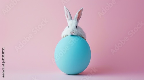 White Bunny on a Large Blue Egg, Quirky Easter Celebration Theme