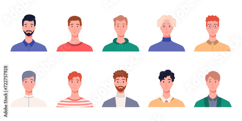 Collection of a male portraits, front view. Modern flat illustration on transparent background