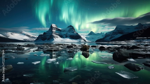 Northern Lights in the Arctic Ocean. Green glow in the sky