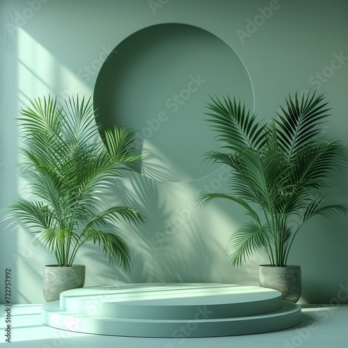 an empty green podium with palm leaves
