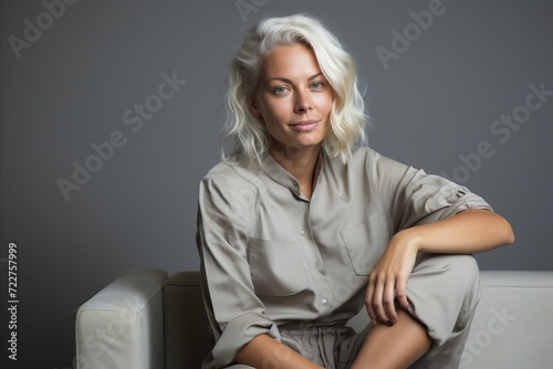 Portrait of a beautiful blonde woman in a beige shirt. © Inigo