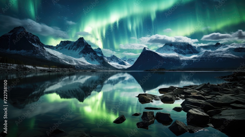 Northern Lights in the Arctic Ocean. Green glow in the sky