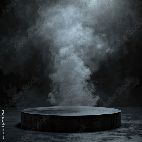 Podium mockup with black smoke background and abstract stage with a touch of spotlights, Spotlights create a dramatic effect on the black platform, Ai generated Images