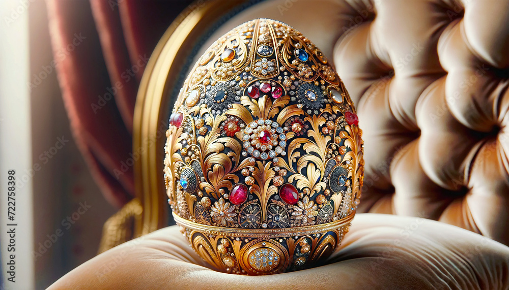 An Easter golden egg decorated with jewery and crystal in luxury elegance style for financial concept, stylish setting, festive traditional symbols, Easter greetings, Advertising space