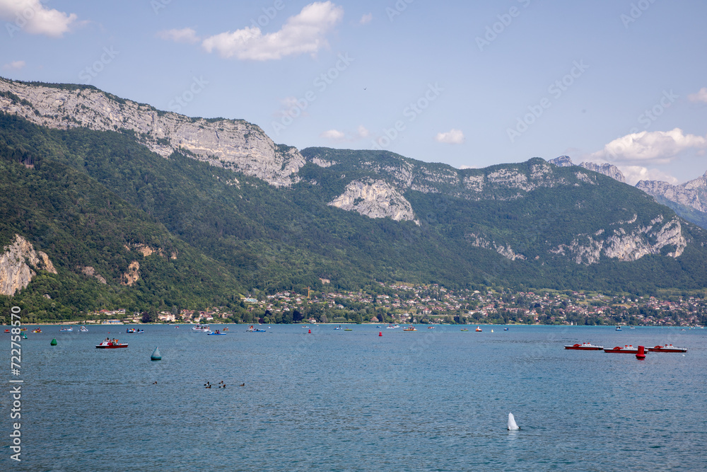 Panoramic summer mountain view of Lake Annecy France Alps