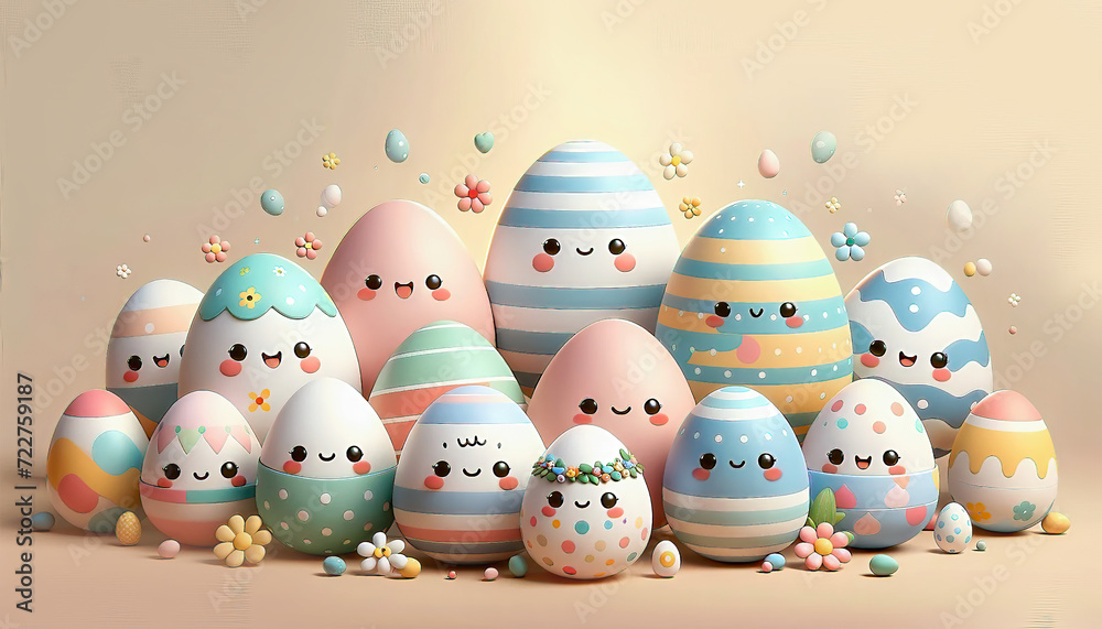 Easter eggs in colorful pastel, cute and happy easter with copy space for advertising, Easter holiday concept, food décor emoji, advertising or greeting cards