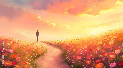 Solitary Figure Walking Through Vibrant Flower Field at Sunset