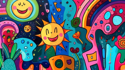 Vibrant Cartoonish Mural of Smiling Suns and Abstract Shapes