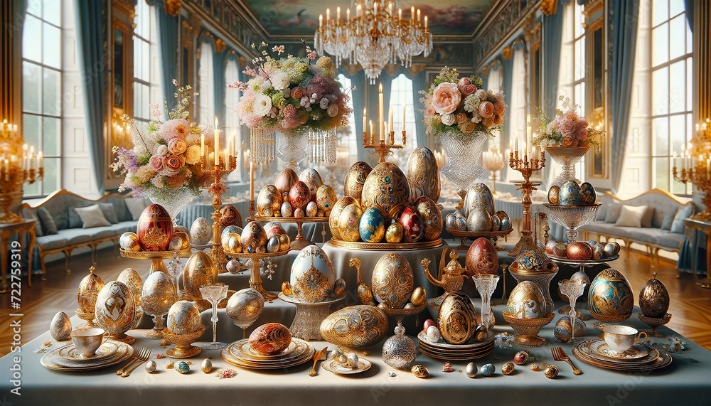 Easter golden eggs in luxury elegance style for financial concept, stylish decoration setting, festive traditional symbols, Easter greetings, Advertising space