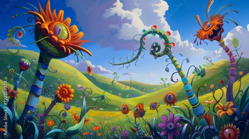 Enchanted Meadow with Whimsical Floral Creatures
