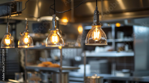 Pendant lights hanging on counter in commercial