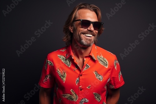 Portrait of a handsome man wearing a red shirt and sunglasses.
