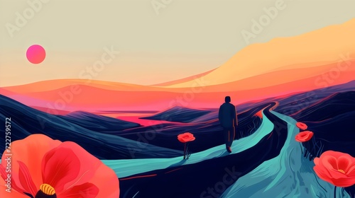 Man Walking on Path Through Vibrant Sunset Landscape