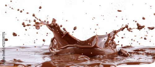 Closeup rendering 3D brown chocolate liquid splashes isolated on white background. Generated AI