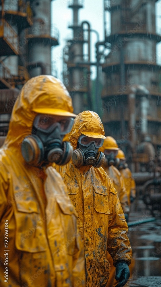 The hazardous factory workshop environment is being cleaned by a toxic chemical gas leak safety crew while also providing protection and safety.