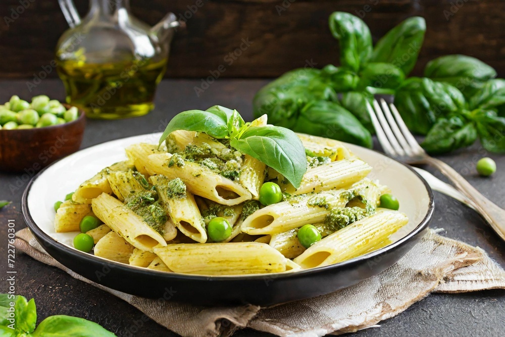 Penne pasta with pesto sauce, zucchini, green peas and basil. Italian food.