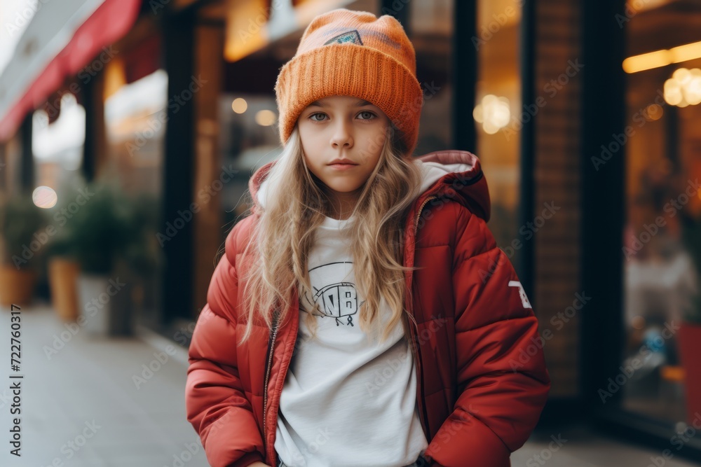 Portrait of a young beautiful girl in a red jacket and a hat.