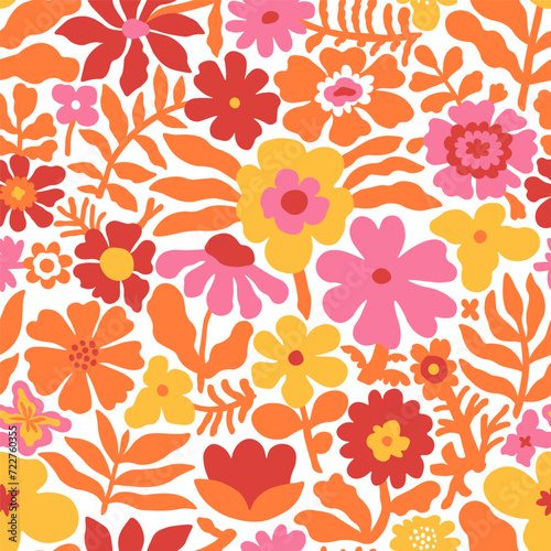 Colorful patterns depicting bright tropical plants, flowers, flower twigs, leaves on a white background. Orange, yellow and pink exotic plants.