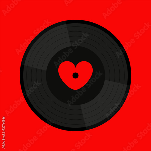 Musical vinyl record disk. Black music sound audio icon. Love greeting card. Red label heart shape center. Flat design. Red background. Isolated.