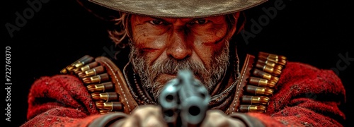 With a revolver pistol weapon and a bandolier of bullets, the outlaw is a western cowboy.