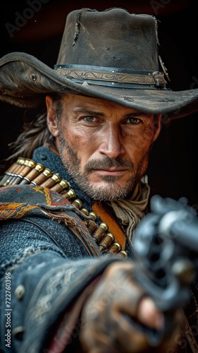 With a revolver pistol weapon and a bandolier of bullets, the outlaw is a western cowboy. photo