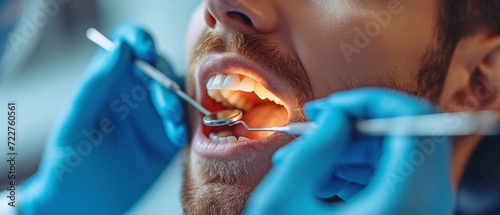 A young man receiving dental care. The dentist examines the patient's teeth using a probe and a mirror. photo