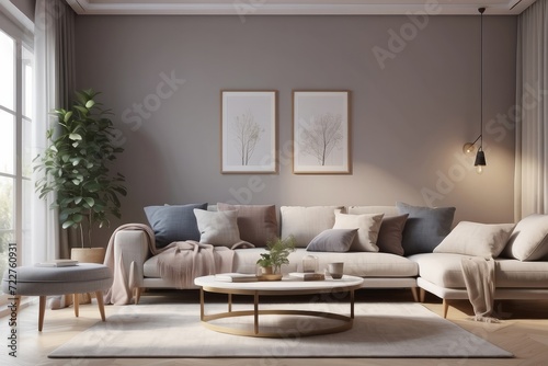 living room interior with comfortable sofa and elegant table
